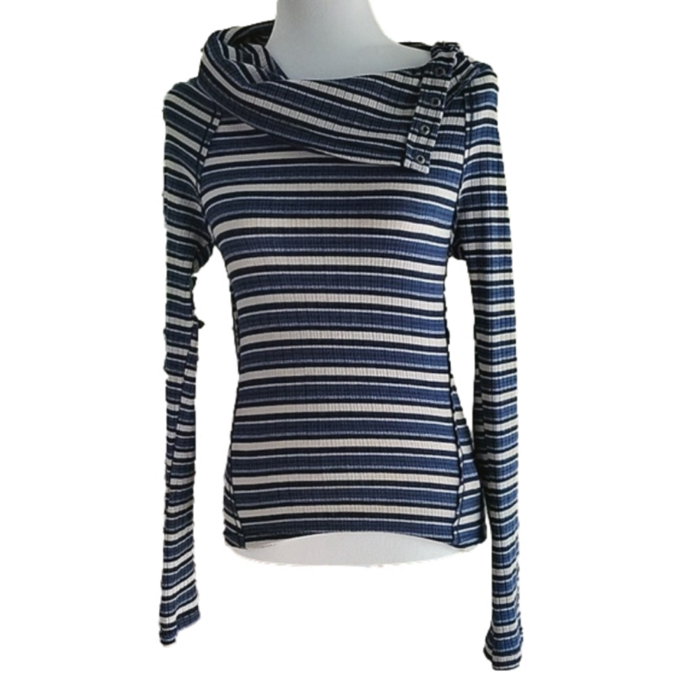 Free People/UO Striped Split Snap Cowlneck Top Size Large EUC